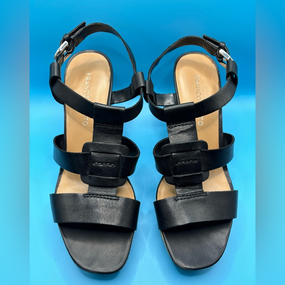 Franco Sarto Cera Black Leather Cork Wedge‎ Platform Sandal 7.5 Spring Summer